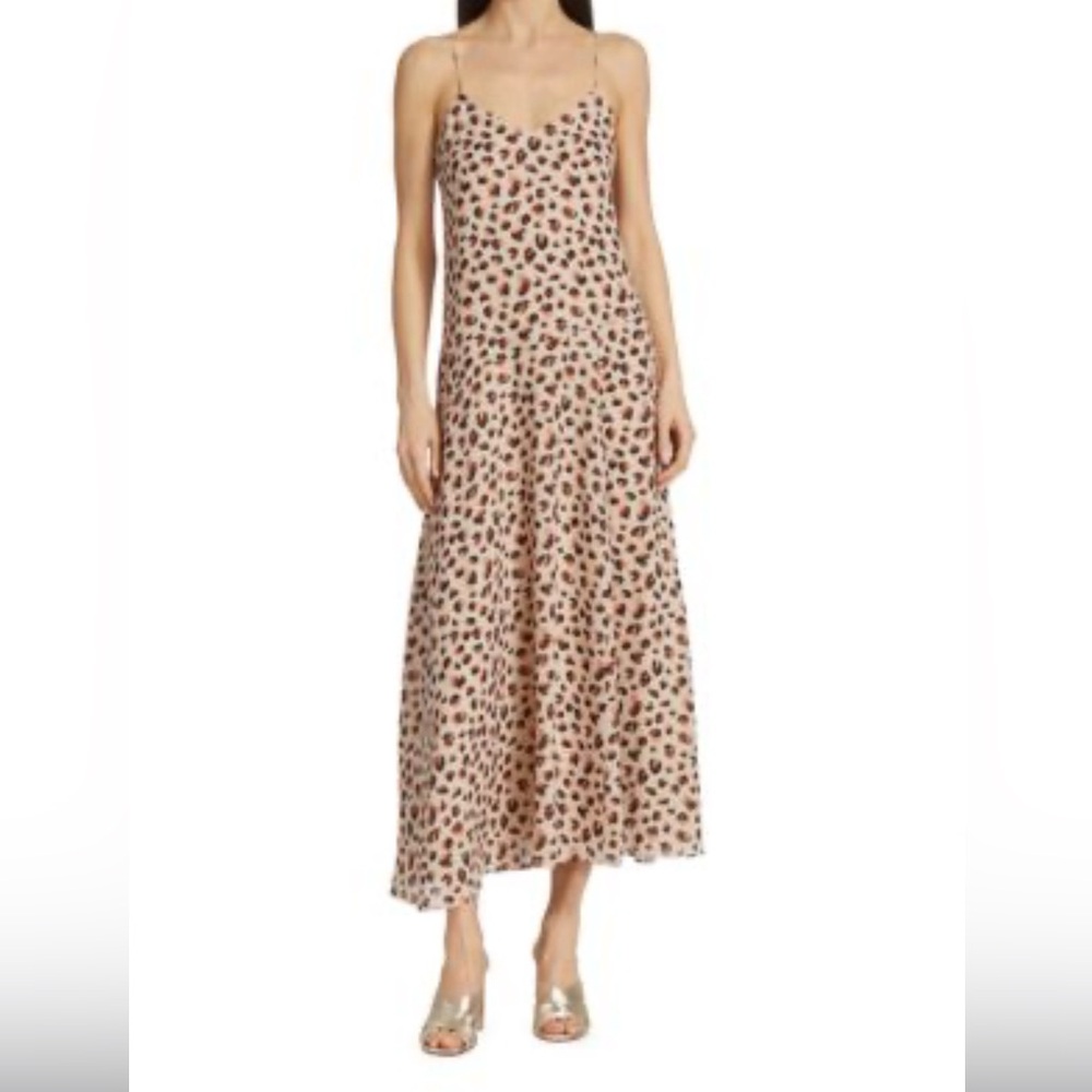 Theory Flora Leopard 100% Silk Cami Spaghetti Strap Slip Midi Dress Women’s Sz 6